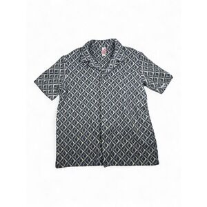 Fleece Factory Mens Grey Geometric Diamond Jacquard Camp Collar Shirt Small
